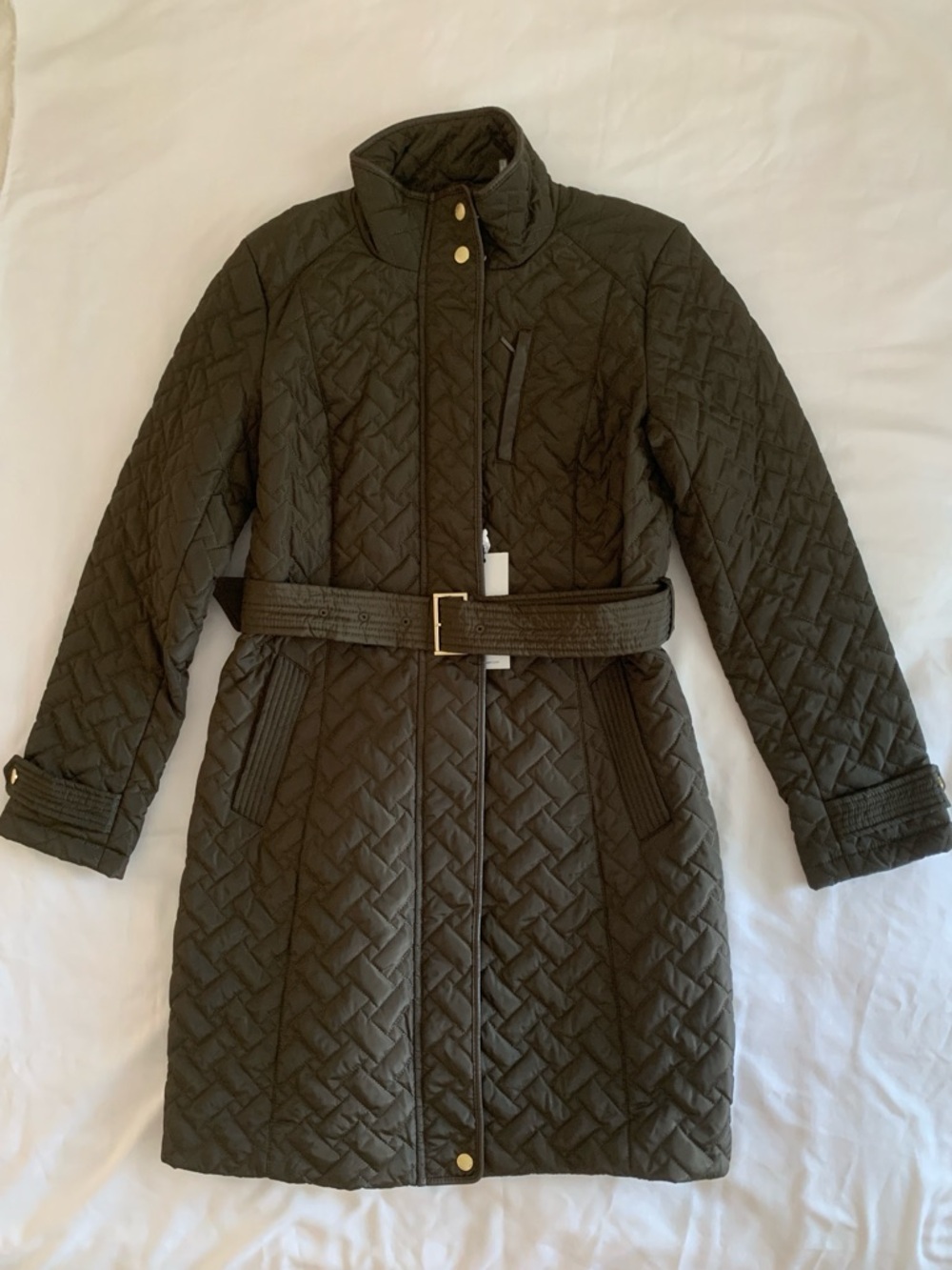 Cole Haan Signature Quilted Belted Trench Coat Jacket Olive Green Gold XS/S S/P